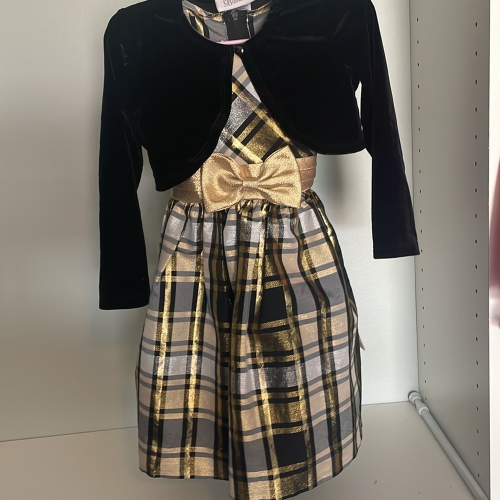 Bonnie Jean Black Velvet and Gold Plaid Party Dress with Gold Bow